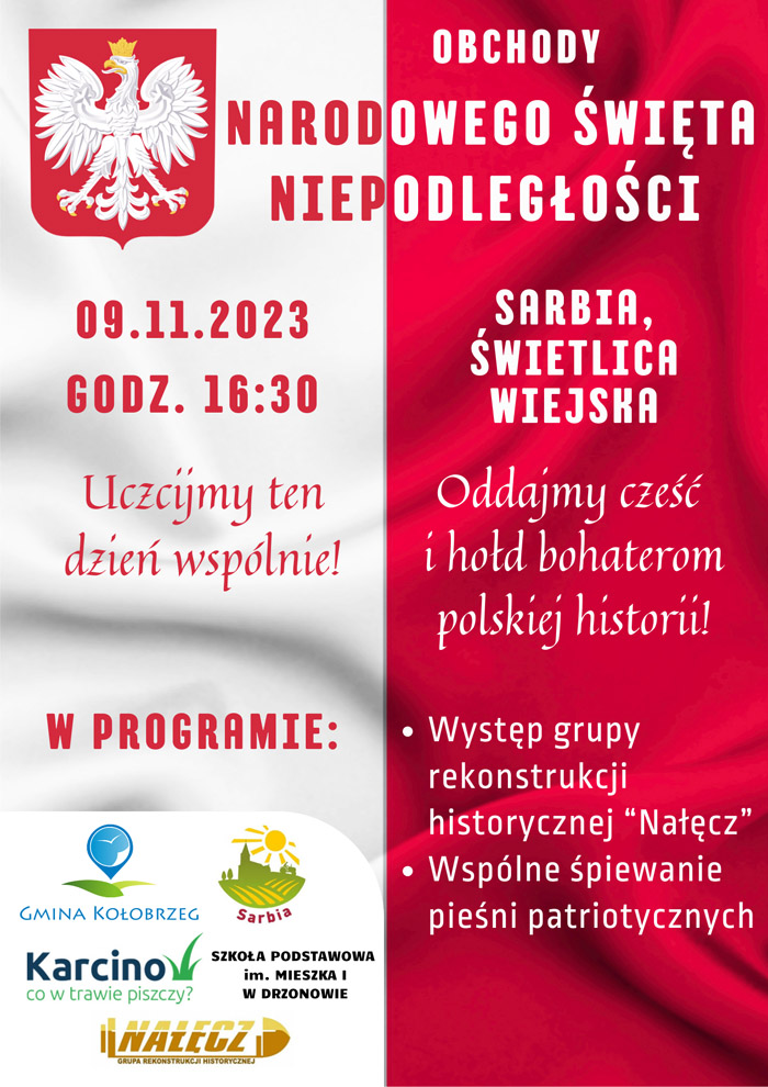 Biało-czerwony plakat z godłem Polski. 
