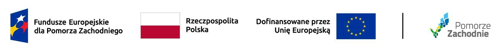 Grafika przedstawia zestaw logotyp&oacute;w Funduszy Europejskich dla Pomorza Zachodniego, Rzeczypospolitej Polskiej, Unii Europejskiej oraz Pomorza Zachodniego. Służy do oznaczania projekt&oacute;w i działań dofinansowanych ze środk&oacute;w Unii Europejskiej.